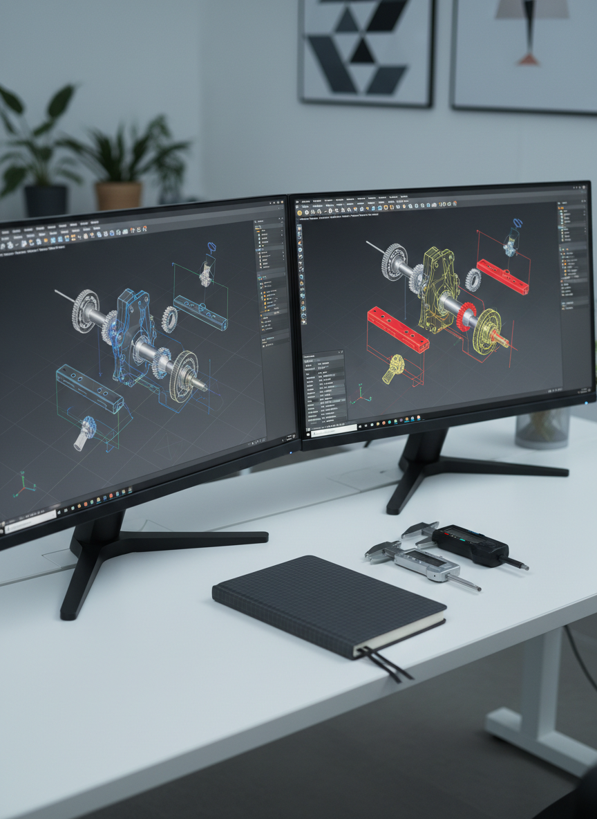 A sleek dual-monitor CAD workstation displaying a detailed 3D mechanical assembly in isometric view, with precise dimensions and exploded components visible on screen. The monitors sit on a clean, matte white desk next to a closed engineering notebook and a neatly arranged set of calipers and a digital micrometer. Soft, cool daylight from an unseen window washes across the workspace, creating crisp but gentle shadows and subtle reflections on the monitor bezels. Photographic realism, shot from a slightly elevated eye-level angle with a shallow depth of field that keeps the screens razor sharp while softly blurring the background. The mood is professional, focused, and meticulously organized, perfectly suited for a modern engineering portfolio homepage.