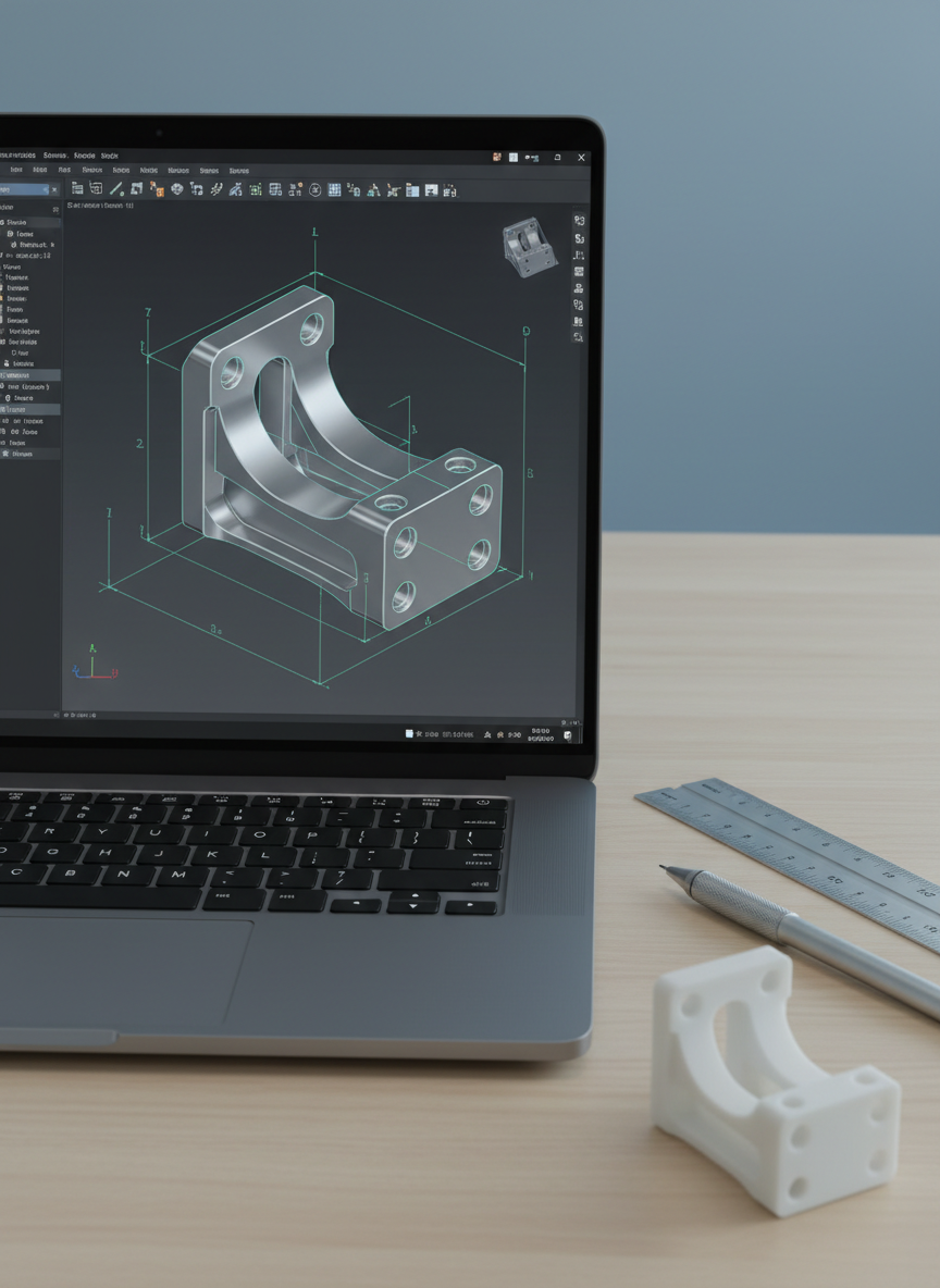 A close-up of a highly detailed 3D CAD model of a machined aluminum bracket, rendered on a laptop screen with a dark interface, showing feature tree, constraints, and parametric dimensions. The laptop rests on a smooth light wood table beside a precise steel ruler, a mechanical pencil, and a small 3D-printed prototype of the same bracket in white PLA. Cool, diffused studio lighting creates soft highlights on the aluminum surfaces and gentle shadows under the objects. Photographic realism, framed using the rule of thirds with the laptop dominating the left side and the prototype in the foreground, creating a clean, modern, professional atmosphere ideal for showcasing design capabilities.