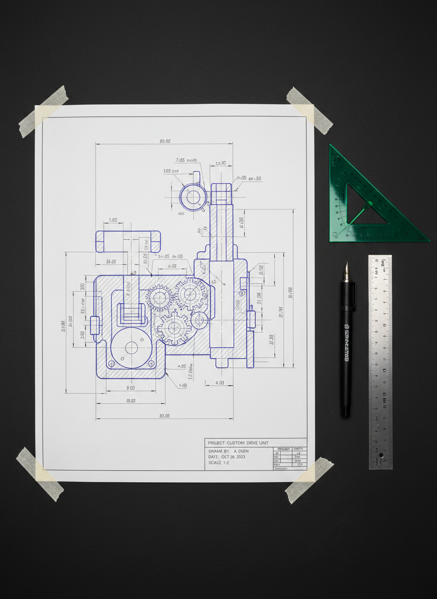 A meticulously arranged engineering drawing spread across a large, matte black drafting surface, featuring a detailed orthographic projection of a custom mechanical assembly with clear dimensions, tolerances, and geometric symbols. Next to the drawing lies a sharp technical pen, a precision scale, and a transparent triangle, all aligned carefully. Overhead neutral studio lighting creates even illumination with minimal glare, emphasizing the clarity of the linework and the subtle texture of the paper. Photographic realism, captured from a directly overhead bird’s-eye view with sharp focus across the frame. The mood is disciplined, precise, and academically professional, ideal for highlighting technical drawing services in a mechanical engineering student’s portfolio.